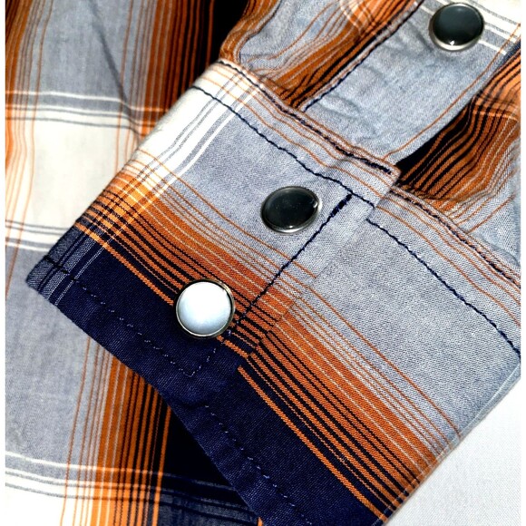Cowboy Hardware Long Sleeve Button Front Pearl Snap Shirt Orange/Blue Plaid Med - Picture 4 of 9